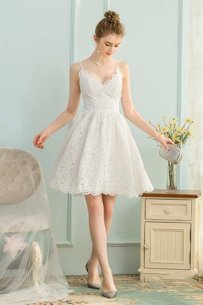 A-Line V-Neck Sleeveless Short White Lace Homecoming Dress