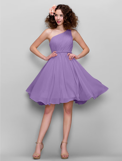 A-Line Bridesmaid Dress One Shoulder Sleeveless All Celebrity Styles Knee Length Chiffon with Side Draping