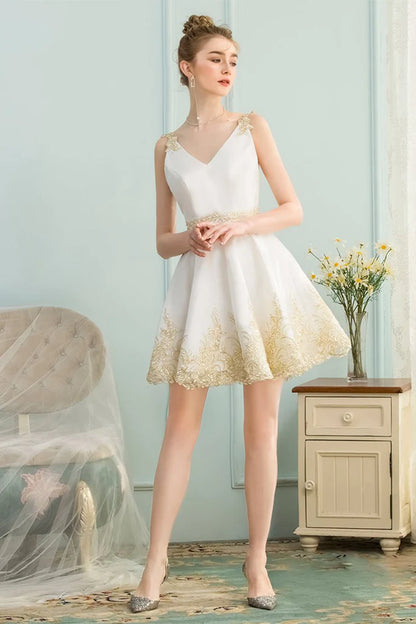 A-Line V-Neck Appliques Short White Satin Homecoming Dress