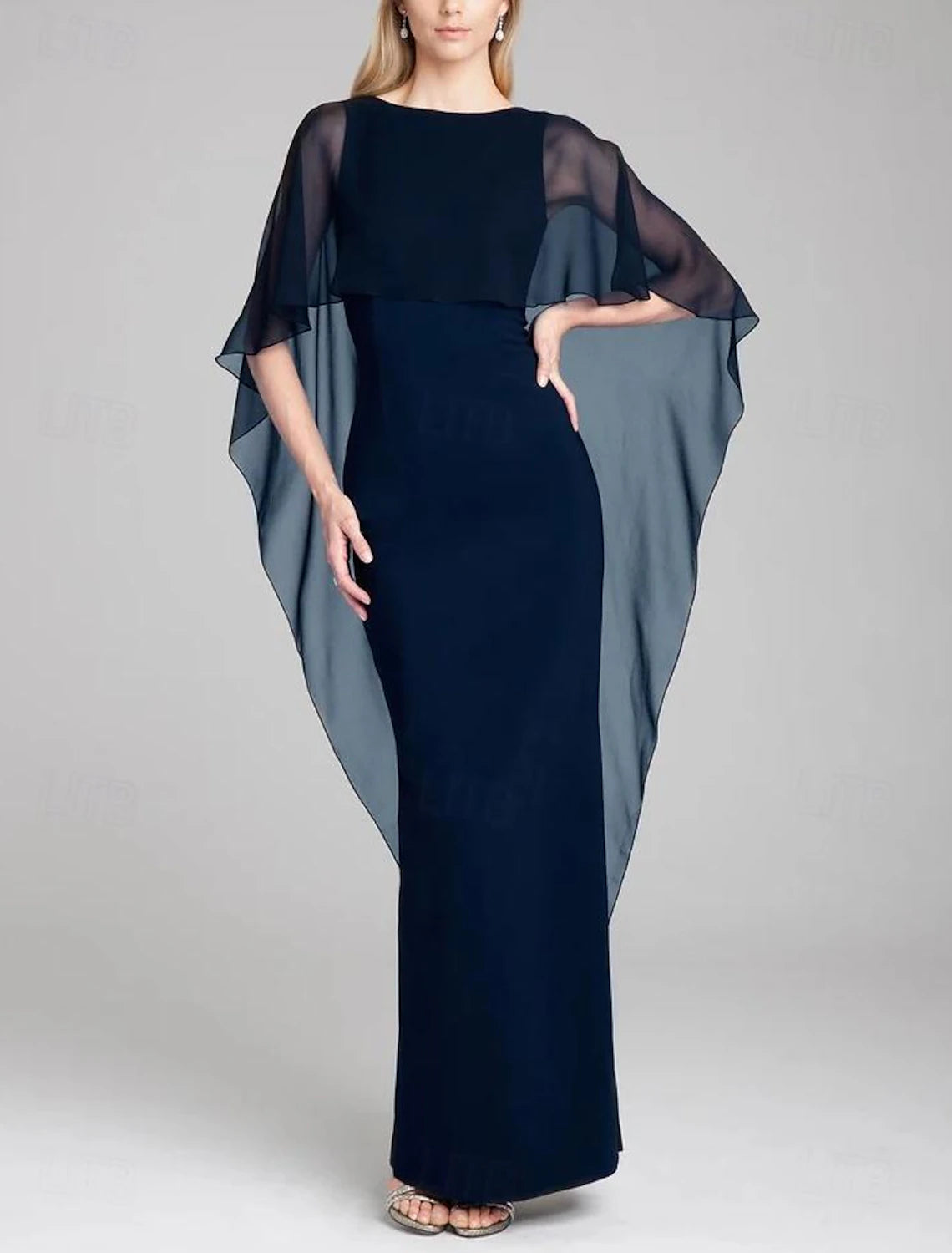 Gown Elegant Formal Wedding Guest Floor Length Short Sleeve Jewel Neck Capes Stretch Chiffon with Shawl Evening Dress