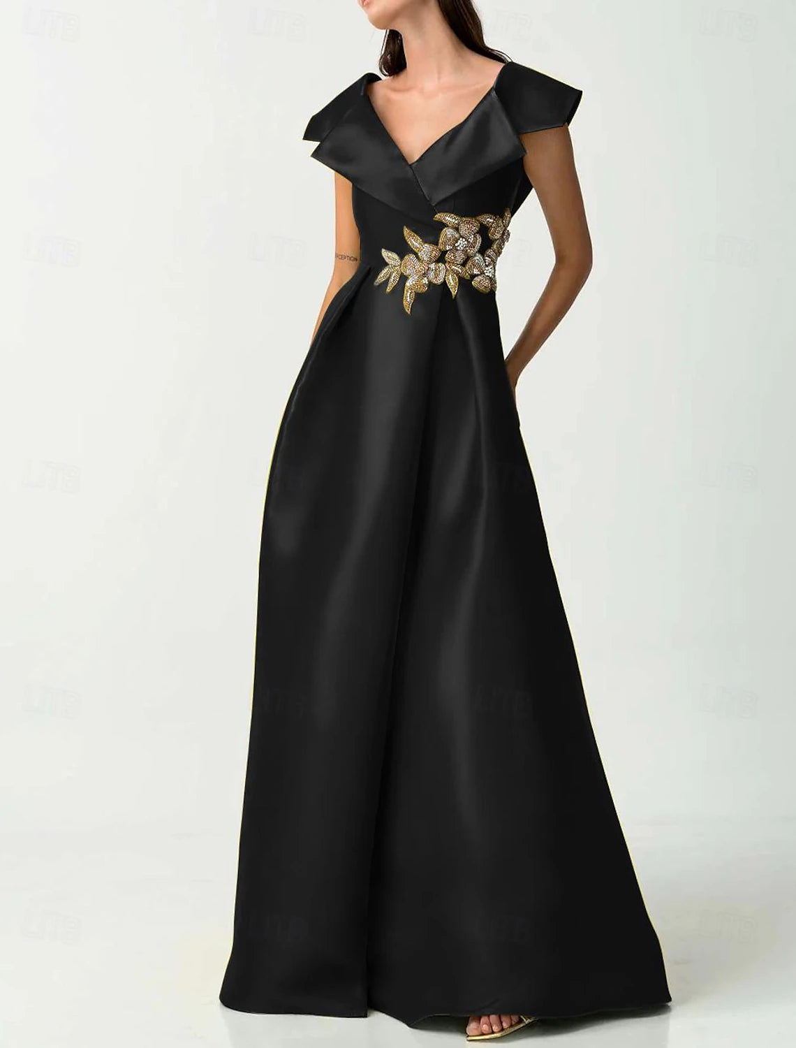 Gown Elegant Wedding Guest Floor Length Short Sleeve V Neck Pocket Satin with Rhinestone Evening Dress