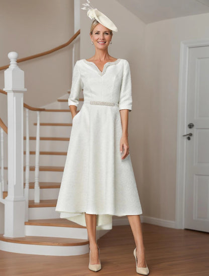 Elegant High Low V Neck Asymmetrical Length Polyester 3/4 Length Sleeve with Pearls Mother of the Bride Dress