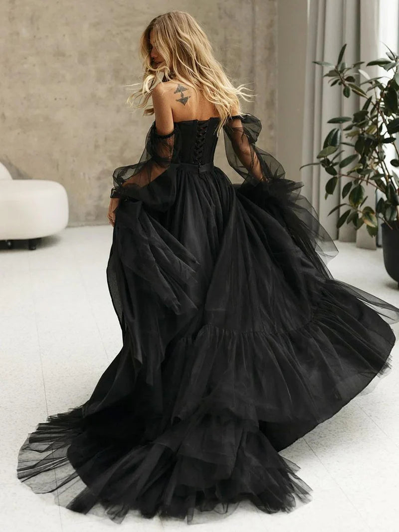 Wedding Dresses Black Corset A-Line Long Sleeves With Off-The-Shoulder