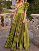 Gown Elegant Formal Wedding Guest Floor Length Sleeveless One Shoulder Imitation Silk with Pleats Evening Dress