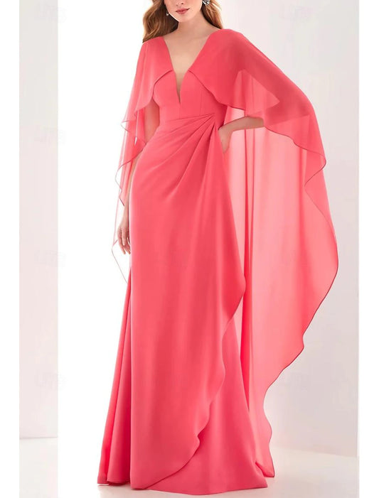 Gown Elegant Formal Fall Ankle Length Long Sleeve V Neck Chiffon with Ruched Ruffles Evening Dress