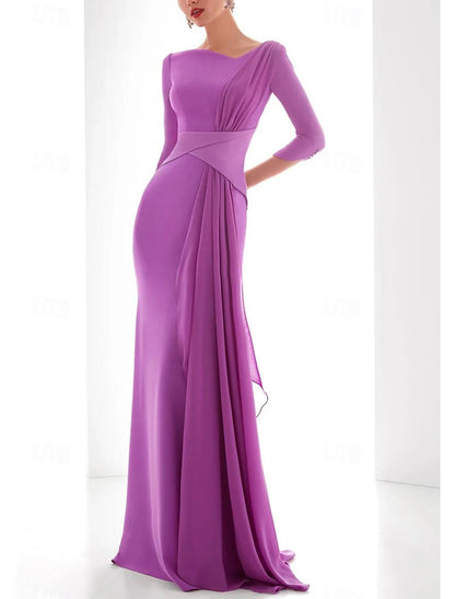 Gown Elegant Formal Fall Floor Length 3/4 Length Sleeve V Neck Chiffon with Ruched Ruffles Evening Dress