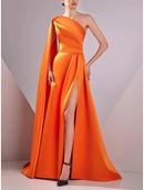 Gown Elegant Formal Halloween Floor Length Sleeveless One Shoulder Pocket Satin with Ruched Evening Dress