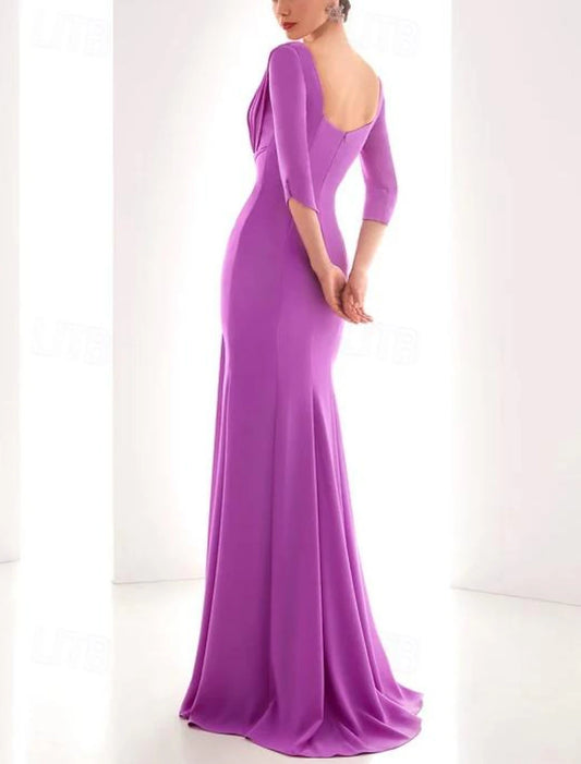 Gown Elegant Formal Fall Floor Length 3/4 Length Sleeve V Neck Chiffon with Ruched Ruffles Evening Dress