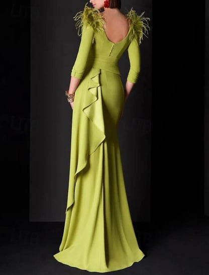 Gown Elegant Formal Fall Floor Length 3/4 Length Sleeve V Neck Satin with Feather Ruched Ruffles Evening Dress