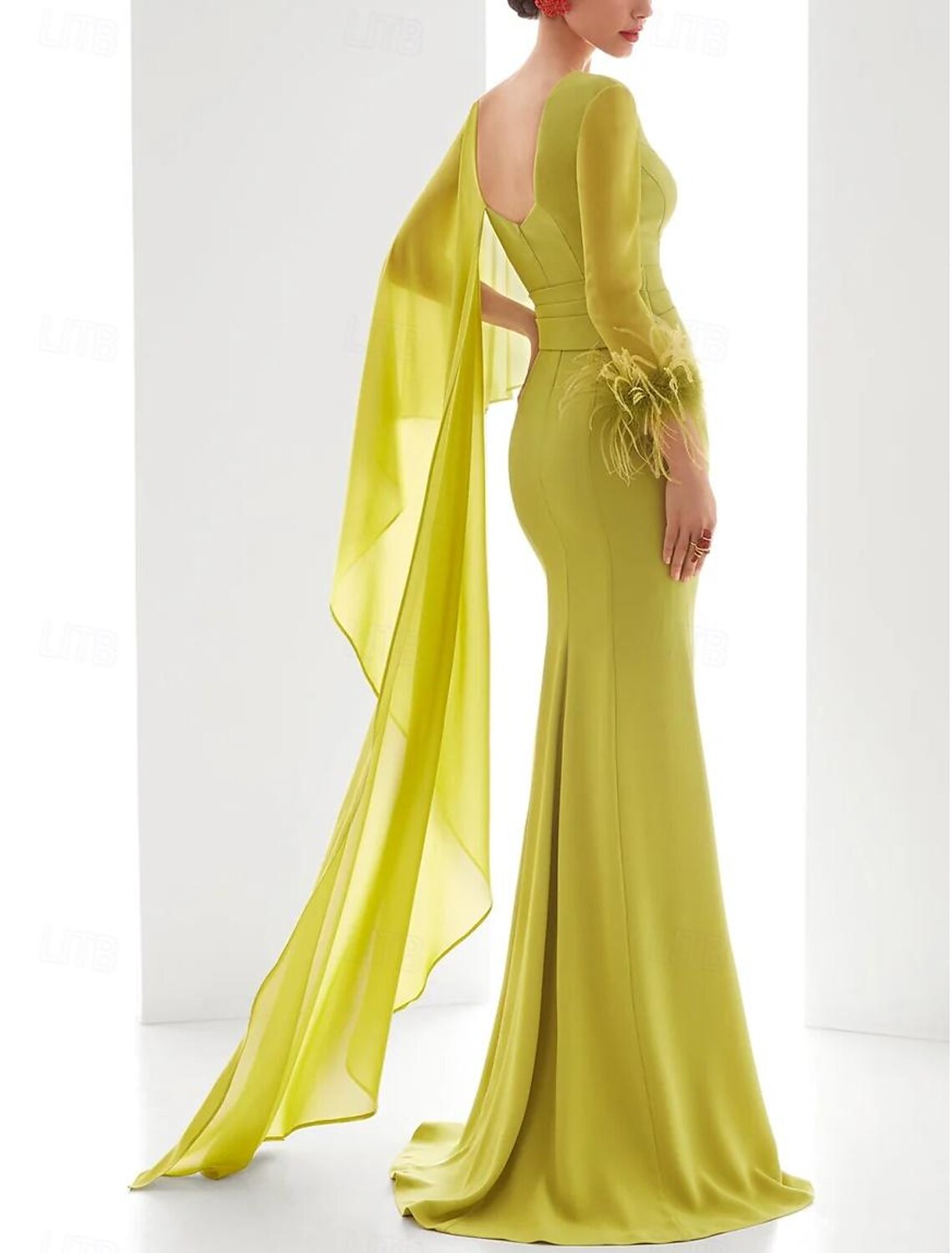 Gown Elegant Formal Fall Floor Length Long Sleeve V Neck Chiffon with Feather Ruched Ruffles Evening Dress