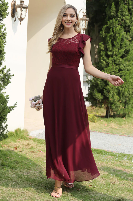 AABEI DRESS Hot Sale Prom Dress Elegant Lace Round Neck Chiffon Flowing Sleeves Simple Formal Dress