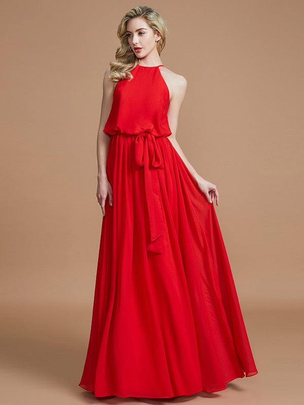 A-Line/Princess Halter Sleeveless Sash/Ribbon/Belt Floor-Length Chiffon Bridesmaid Dresses