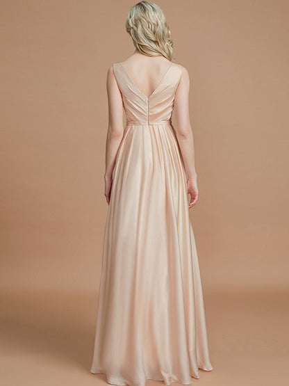 A-Line/Princess V-neck Sleeveless Ruched Floor-Length Silk like Satin Bridesmaid Dresses