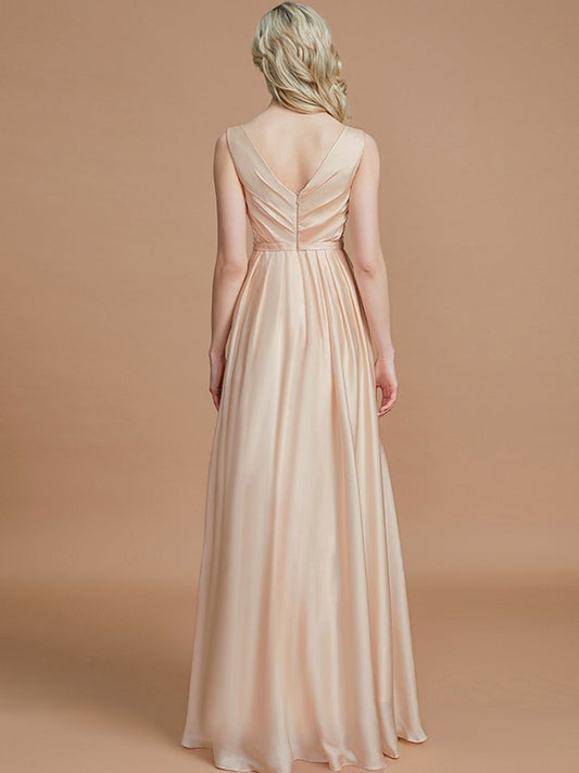 A-Line/Princess V-neck Sleeveless Ruched Floor-Length Silk like Satin Bridesmaid Dresses