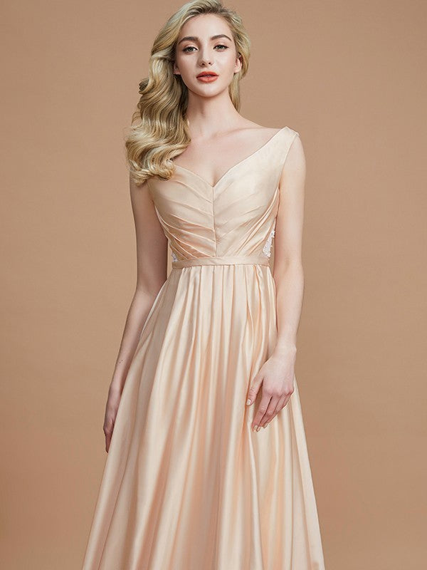 A-Line/Princess V-neck Sleeveless Ruched Floor-Length Silk like Satin Bridesmaid Dresses