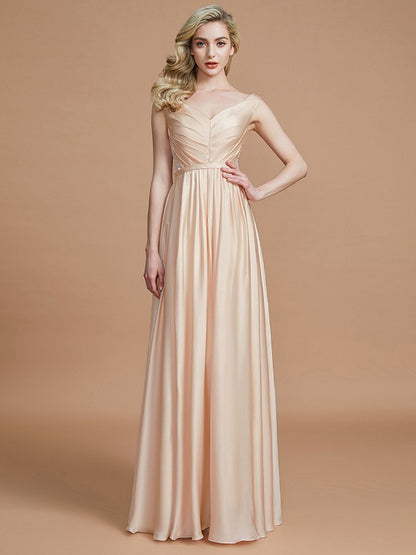 A-Line/Princess V-neck Sleeveless Ruched Floor-Length Silk like Satin Bridesmaid Dresses