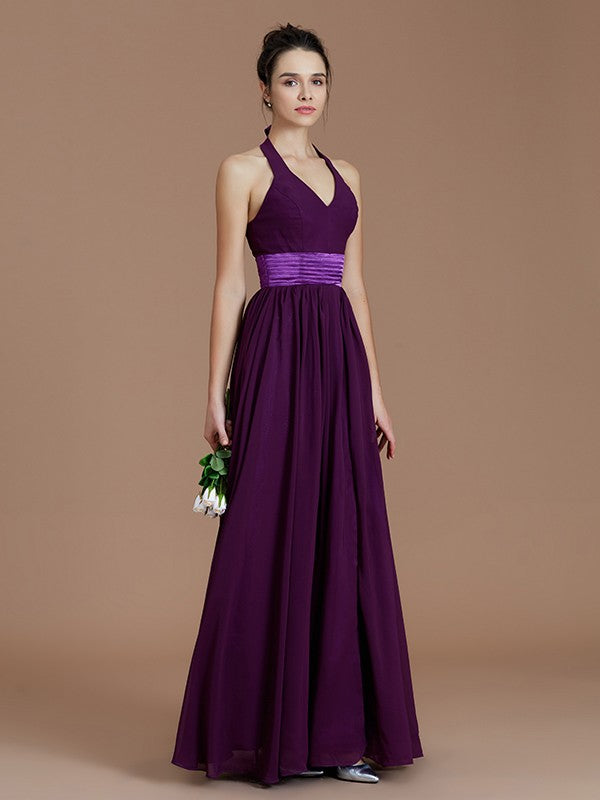 A-Line/Princess Halter Sleeveless Sash/Ribbon/Belt Floor-Length Chiffon Bridesmaid Dresses