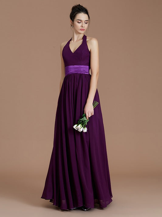 A-Line/Princess Halter Sleeveless Sash/Ribbon/Belt Floor-Length Chiffon Bridesmaid Dresses