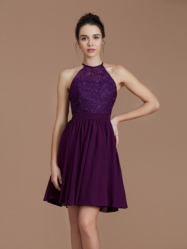 A-Line/Princess Halter Sleeveless Lace Short/Mini Chiffon Bridesmaid Dresses