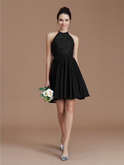 A-Line/Princess Halter Sleeveless Lace Short/Mini Chiffon Bridesmaid Dresses