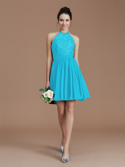 A-Line/Princess Halter Sleeveless Lace Short/Mini Chiffon Bridesmaid Dresses