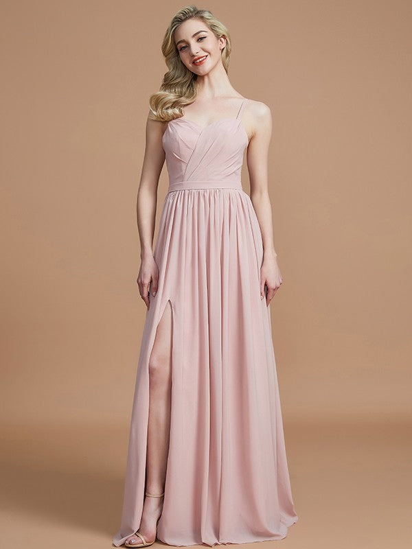 A-Line/Princess Spaghetti Straps Sleeveless Ruched Floor-Length Chiffon Bridesmaid Dresses