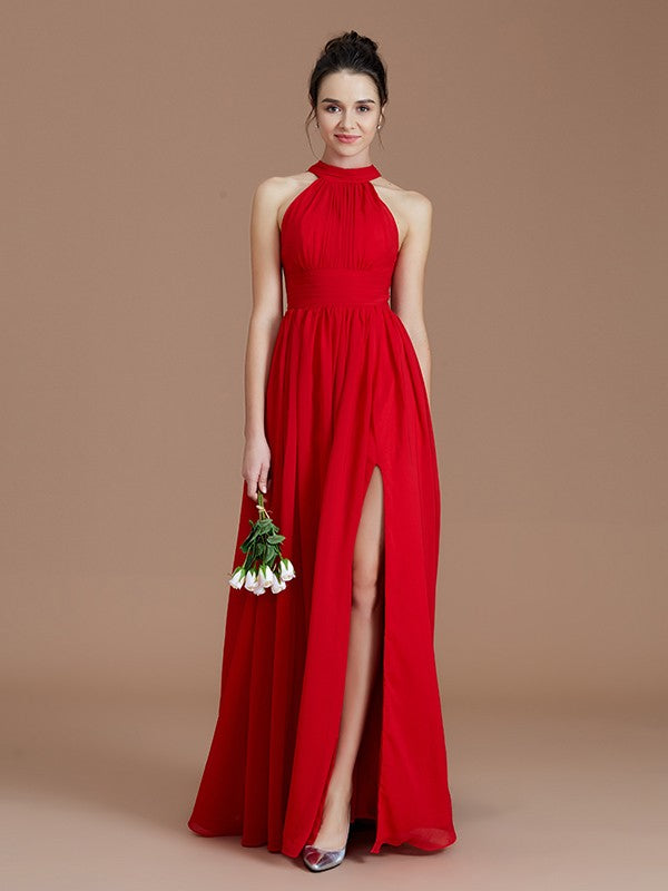 A-Line/Princess Halter Sleeveless Ruched Floor-Length Chiffon Bridesmaid Dresses