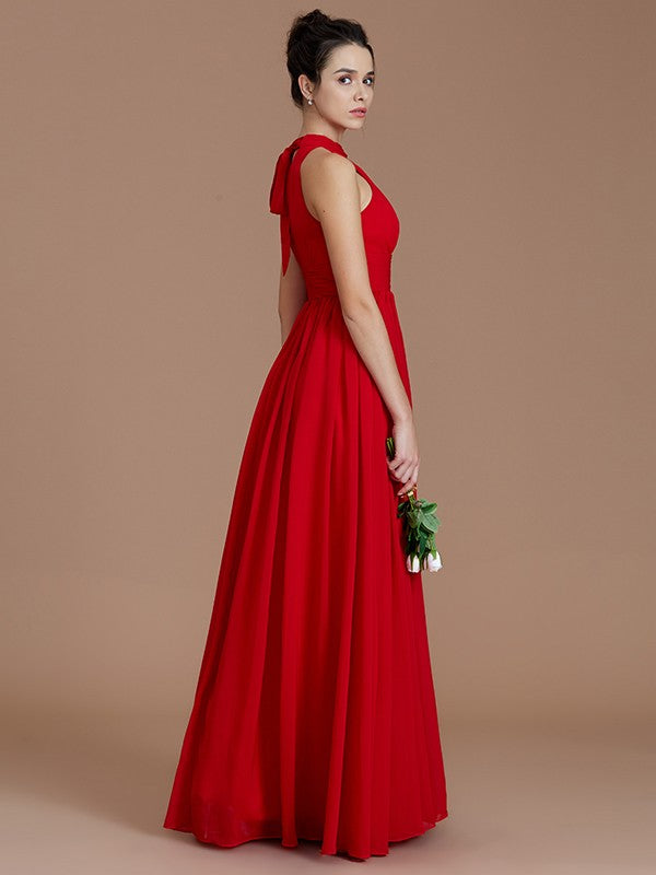 A-Line/Princess Halter Sleeveless Ruched Floor-Length Chiffon Bridesmaid Dresses