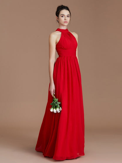 A-Line/Princess Halter Sleeveless Ruched Floor-Length Chiffon Bridesmaid Dresses