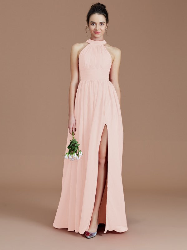 A-Line/Princess Halter Sleeveless Ruched Floor-Length Chiffon Bridesmaid Dresses