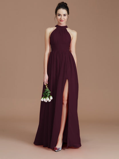 A-Line/Princess Halter Sleeveless Ruched Floor-Length Chiffon Bridesmaid Dresses