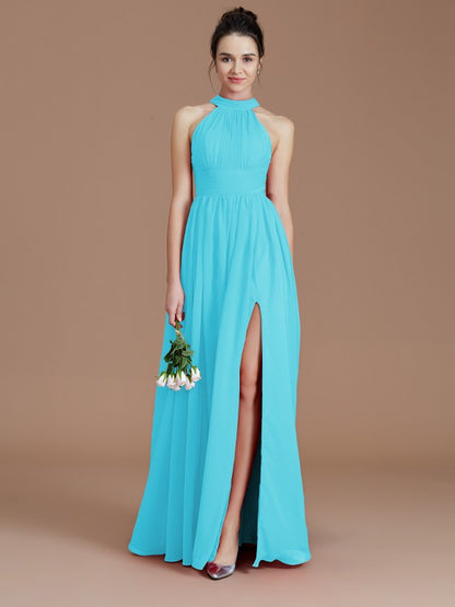 A-Line/Princess Halter Sleeveless Ruched Floor-Length Chiffon Bridesmaid Dresses