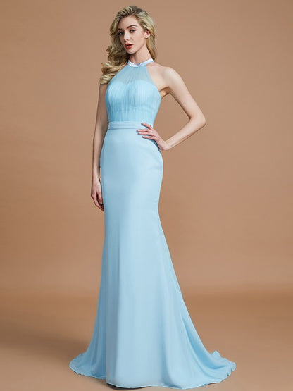 Trumpet/Mermaid Sleeveless Scoop Sweep/Brush Train Chiffon Bridesmaid Dresses