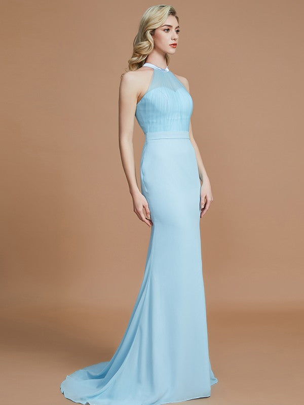 Trumpet/Mermaid Sleeveless Scoop Sweep/Brush Train Chiffon Bridesmaid Dresses