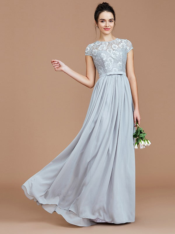 A-Line/Princess Jewel Short Sleeves Lace Floor-Length Chiffon Bridesmaid Dresses