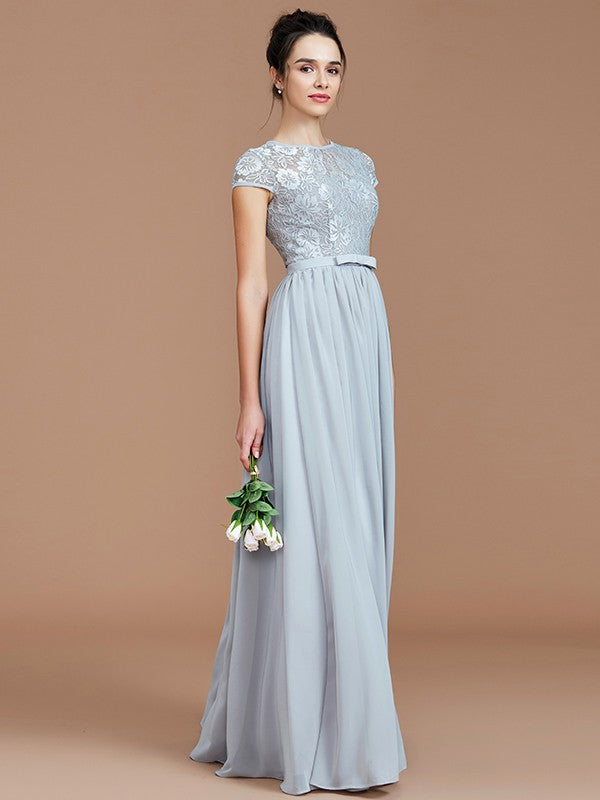 A-Line/Princess Jewel Short Sleeves Lace Floor-Length Chiffon Bridesmaid Dresses