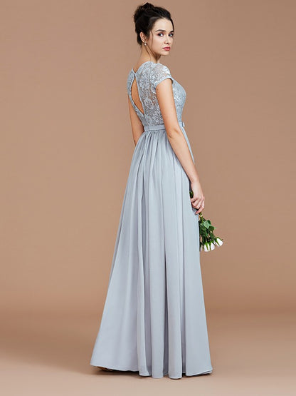 A-Line/Princess Jewel Short Sleeves Lace Floor-Length Chiffon Bridesmaid Dresses