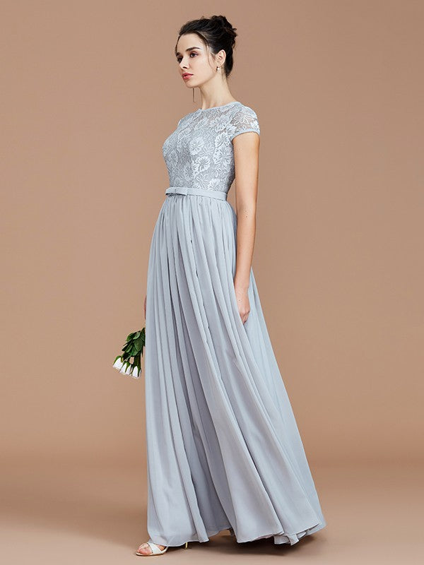 A-Line/Princess Jewel Short Sleeves Lace Floor-Length Chiffon Bridesmaid Dresses