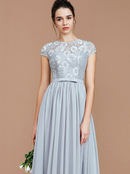 A-Line/Princess Jewel Short Sleeves Lace Floor-Length Chiffon Bridesmaid Dresses