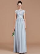 A-Line/Princess Jewel Short Sleeves Lace Floor-Length Chiffon Bridesmaid Dresses