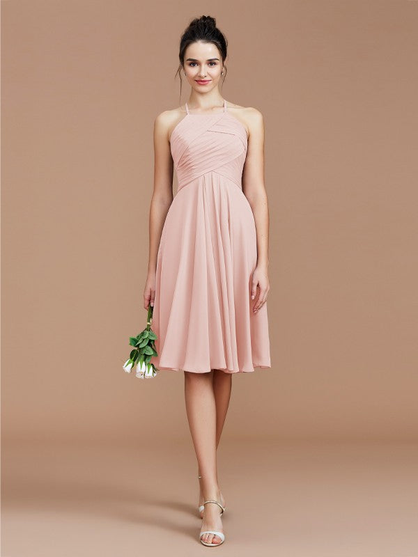 A-Line/Princess Halter Sleeveless Ruched Short/Mini Chiffon Bridesmaid Dresses