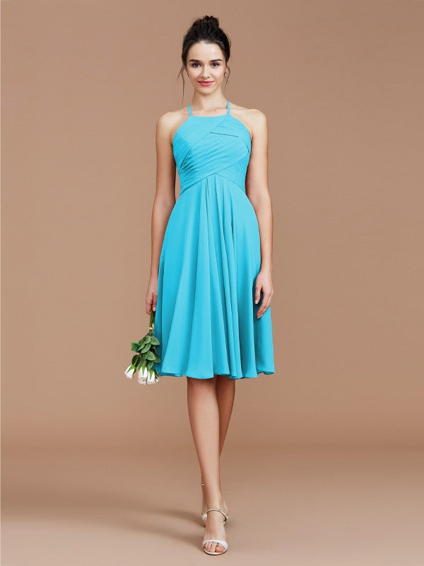 A-Line/Princess Halter Sleeveless Ruched Short/Mini Chiffon Bridesmaid Dresses