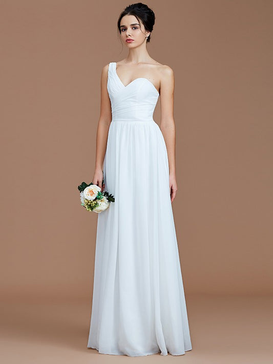 A-Line/Princess One-Shoulder Sleeveless Ruched Floor-Length Chiffon Bridesmaid Dresses