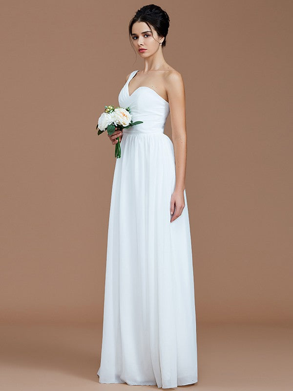 A-Line/Princess One-Shoulder Sleeveless Ruched Floor-Length Chiffon Bridesmaid Dresses