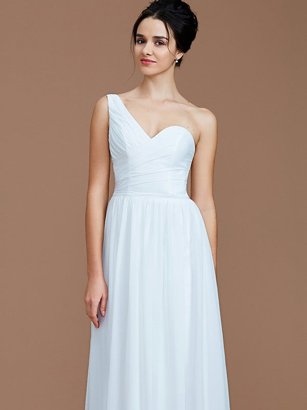 A-Line/Princess One-Shoulder Sleeveless Ruched Floor-Length Chiffon Bridesmaid Dresses