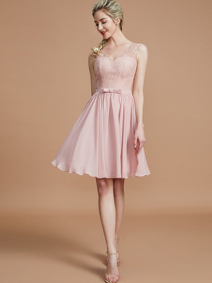 A-Line/Princess V-neck Sleeveless Lace Short/Mini Chiffon Bridesmaid Dresses