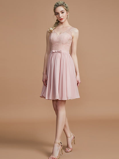 A-Line/Princess V-neck Sleeveless Lace Short/Mini Chiffon Bridesmaid Dresses