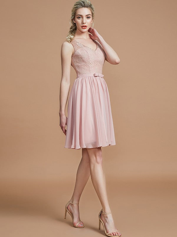 A-Line/Princess V-neck Sleeveless Lace Short/Mini Chiffon Bridesmaid Dresses