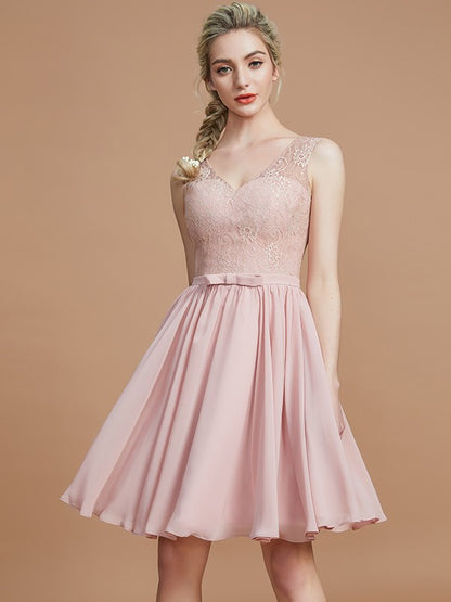 A-Line/Princess V-neck Sleeveless Lace Short/Mini Chiffon Bridesmaid Dresses