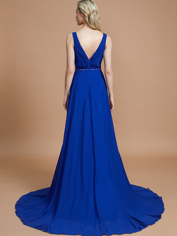 A-Line/Princess Sleeveless V-neck Chiffon Sweep/Brush Train Bridesmaid Dresses